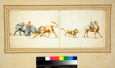象が雄牛と戦っている様子を描いたモザイク画のコピー（黒チョーク、一部はペンと茶色のインク、水彩で着色 作： Pietro Santi Bartoli