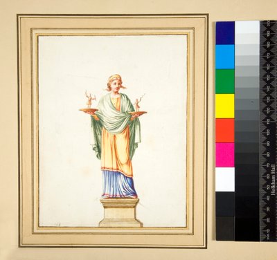 台座の上の女性像（黒チョーク、一部はペンと茶色のインク、水彩画で着色 作： Pietro Santi Bartoli