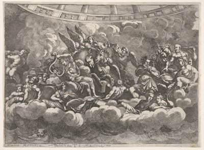雲の中の様々なオリンピアの神々と神話の人物の集まり、ce ...、ca。 1680 作： Pietro Santi Bartoli
