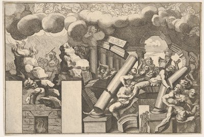 岩と寺院の柱に落ちた巨人、上の煙の雲...、およそ。 1680 作： Pietro Santi Bartoli