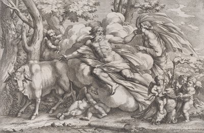 左は牛のイオ、中央は雲の上のジュピター、右はジュノー、1650-90年。 作： Pietro Santi Bartoli