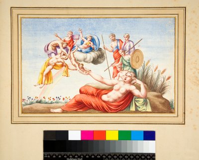 墓からのルネット（黒チョーク、一部はペンと茶色のインク、水彩画で着色 作： Pietro Santi Bartoli