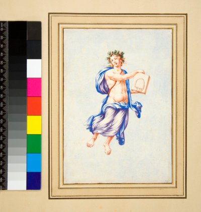 ホバリングする男性像（黒チョーク、一部はペンと茶色のインク、水彩画で着色 作： Pietro Santi Bartoli
