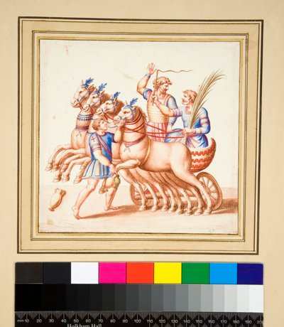 二人の戦車乗り（黒チョーク、一部はペンと茶色のインク、水彩画で着色 作： Pietro Santi Bartoli