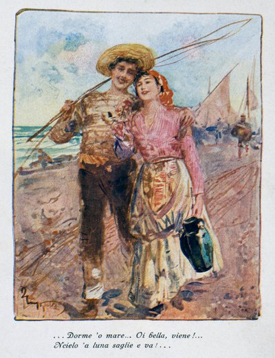 漁から戻る ピエトロ・スコッペッタ（1863-1920）のイラスト イタリア 20世紀 作： Pietro Scoppetta