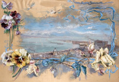 パンジー越しのナポリの風景（シルクの絵 作： Pietro Scoppetta