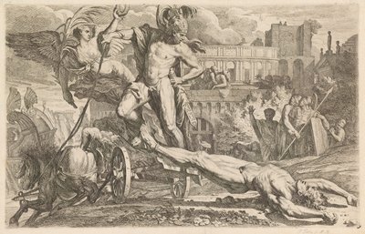 トロイの壁の周りでヘクトールの死体を引きずるアキレス 作： Pietro Testa