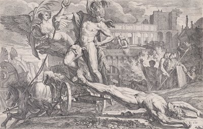 トロイの壁の周りでヘクトールの体を引きずるアキレス、1648-50。 作： Pietro Testa