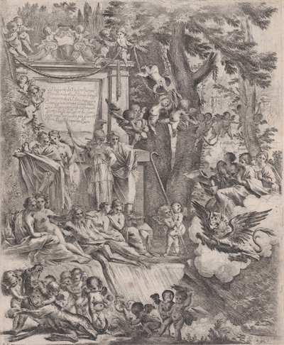 1637年、ルッカの司教としてフランシオッティ枢機卿が到着したことを記念する寓話。 作： Pietro Testa