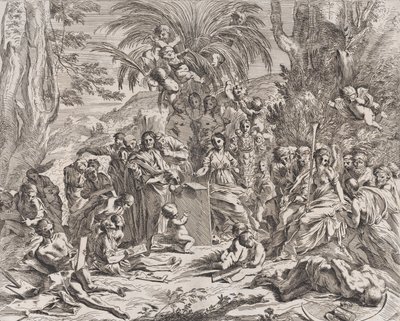 絵画のアレゴリー、中央左の子供がタブレットに絵を描いている...、1637-38。 作： Pietro Testa