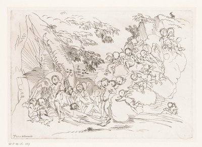 天使に囲まれた岩に横たわっている十字架を持つ男 作： Pietro Testa