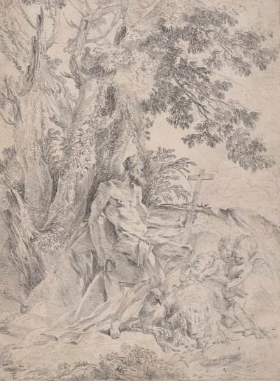 ライオンと 3 つのプッティを伴う十字架の前の聖ヒエロニムス。 1631-37。 作： Pietro Testa