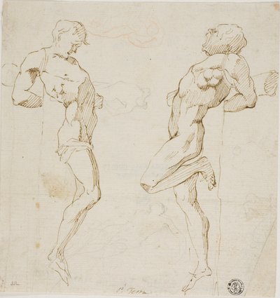 十字架上の盗賊のための習作（レクト）、人物のスケッチ（裏面） 作： Pietro Testa