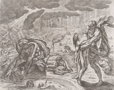 大洪水、水から引き上げられる人物、約 1640-42。 作： Pietro Testa