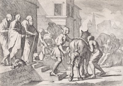 馬にまたがろうとする放蕩息子の出発、一連の 4..., ca. 1645年。 作： Pietro Testa