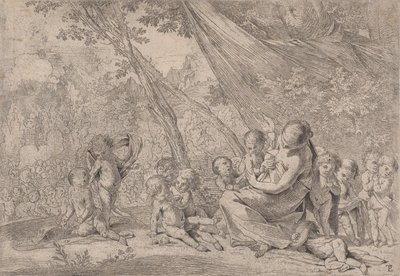 チャリティーの庭、子供たちに囲まれた右側のチャリティーを代表する女性、...、ca. 1631-37。 作： Pietro Testa