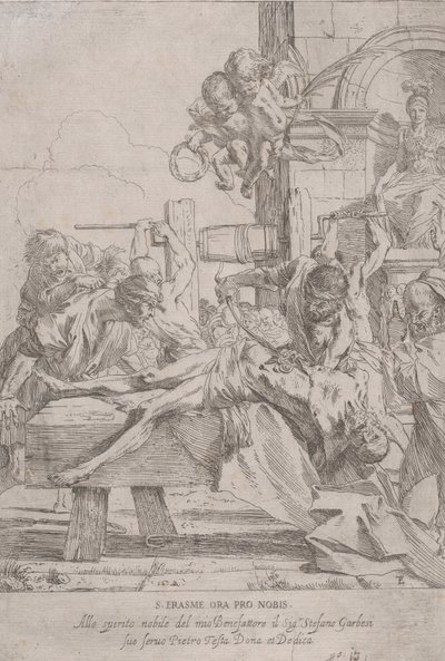 内臓を取り除いてひれ伏した聖エラスムスの殉教。 1630年。 作： Pietro Testa