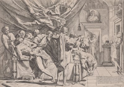 ベッドに横たわり内臓を引っ張り出している哲学者カトーの自殺は、1648年に見られました。 作： Pietro Testa