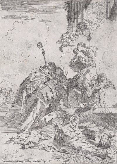 3 人のルッケーゼの聖人聖ニコラス トレンティーノ、バーリのニコラスがとりなしをしている..., ca. 1630-31。 作： Pietro Testa