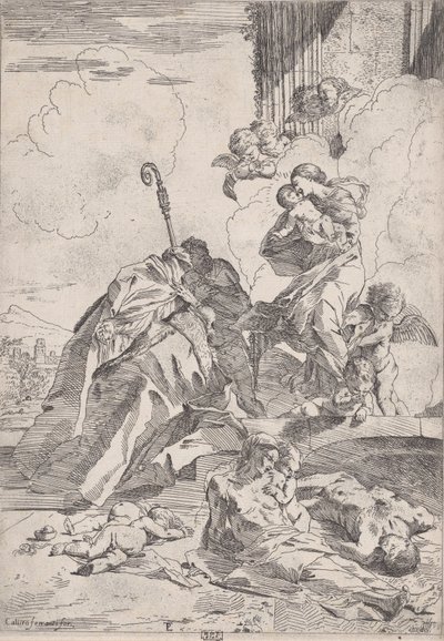 疫病の犠牲者のために聖母に介入する 3 人のルッケーゼの聖人...., ca. 1630-31。 作： Pietro Testa