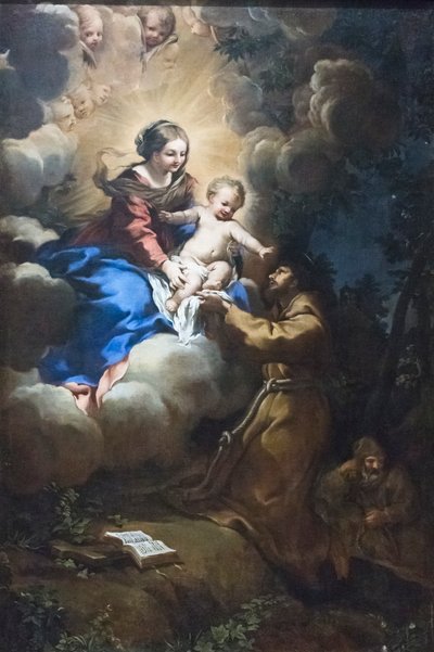 Vision of Mary to St Francis, c.1641 (oil on canvas)   1461019   ja       japanese Successfully Translated  Original: Workshop of theater and shows accessories production Engraving from Pierre Calmette Private Collection Translat: Workshop of theater and s 作： Pietro da (1596 1669) Cortona