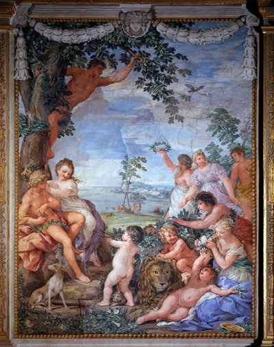 4つの時代のアレゴリー、黄金時代 ピエトロ・ダ・コルトーナ（コルトーナの石）（1596-1669）によるフレスコ画 1637年 ピッティ宮パラティーナ美術館「ストーブの間」（フィレンツェ 作： Pietro da Cortona