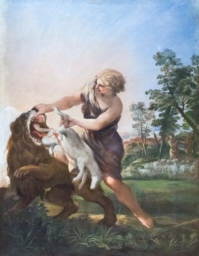 ライオンを殺すデビッド（キャンバスに油彩） 作： Pietro da (1596 1669) Cortona