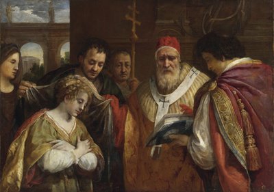 Flavia Domitilla (Morte apres 95) recevant le voile du pape Clement I - 教皇クレメンス1世からヴェールを受け取る聖女ドミティラ par Cortona, Pietro da (1596-1669).油彩・キャンバス、サイズ：123x172,7、個人蔵 作： Pietro da Cortona