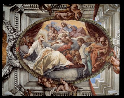 処女の出現後の聖フィリッポの回復 ピエトロ・ダ・コルトーナ（コルトーナのペーター）（1596-1669）による側近のフレスコ画 1652年 ローマ、サラ・ロッサ（赤い部屋） サンタ・マリア・イン・ヴァリチェッラ教会 イタリア 作： Pietro da Cortona
