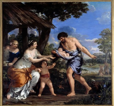 ファウストゥルスとその妻アッカ・ローレンティアが集めたロムルスとレムス ピエール・ド・コルトーナ（Pietro Berrettini dit Pietro da Cortona (1596-1669)）の絵画。1643年 日2,51×2,65メートル 作： Pietro da Cortona