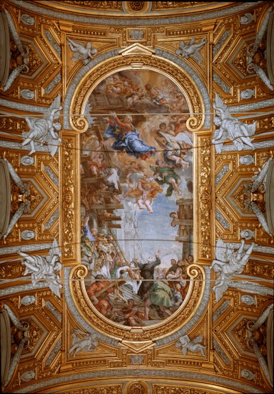 教会建設中に聖フィリッポ・ネーリ（Filippo Neri）に現れた聖母 コルトーナのペーター（Pietro da Cortona）（1596-1669）による丸天井のフレスコ画の眺め（ピエトロ・ダ・コルトーナによるマドンナ・デッラ・ヴァリチェッラの奇跡、天井フレスコ画 作： Pietro da Cortona