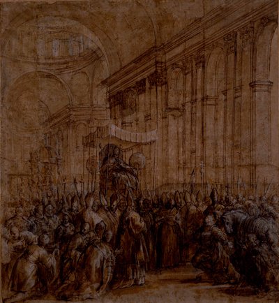 サンピエトロ寺院の身廊を運ばれるウルバン8世（紙にボディカラーのペンと茶色のインク 作： Pietro da Cortona