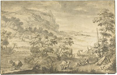 漁師、野営地 (直腸) とイタリアの海岸のシーン。 川の河口 (裏面) 作： Pietro da Cortona