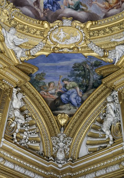 サラ・ディ・アポロのアポロ殿堂、タリアとクリオのミューズを描いたペンダントの細部、1647年頃のフレスコ画 作： Pietro da Cortona