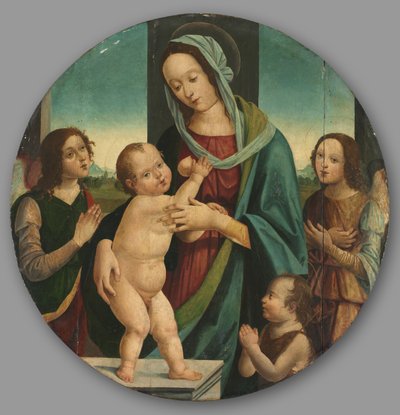聖母子と洗礼者ヨハネと天使たちc。 1500。 作： Pietro del Donzello