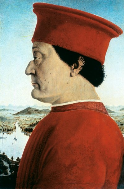 「ウルビーノ公フェデリコ・ダ・モンテフェルトロの肖像」、c1465 作： Pietro della Francesca