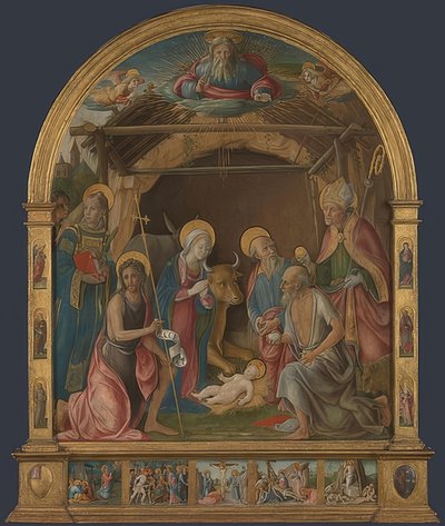 聖人とのキリスト降誕。おそらく1485-95年頃 作： Pietro di Francesco degli Orioli