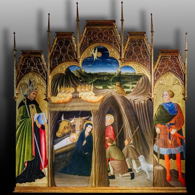 聖ガルガノとアウグスティヌスの間の羊飼いの礼拝 15世紀前半 パネルにテンペラ 作： Pietro di Giovanni da Ambrogio