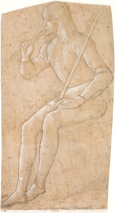 フルートを演奏する棒で座っている若い男 作： Pintoricchio