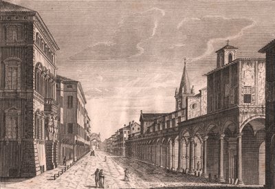 イタリア、エミリア・ロマーニャ州、ボローニャのマッジョーレ通りの眺め、ピオ・パンフィーリ（1723-1812）のデッサンに基づくCランベルティーニの銅版画、約13.5x19cm。 作： Pio Panfili