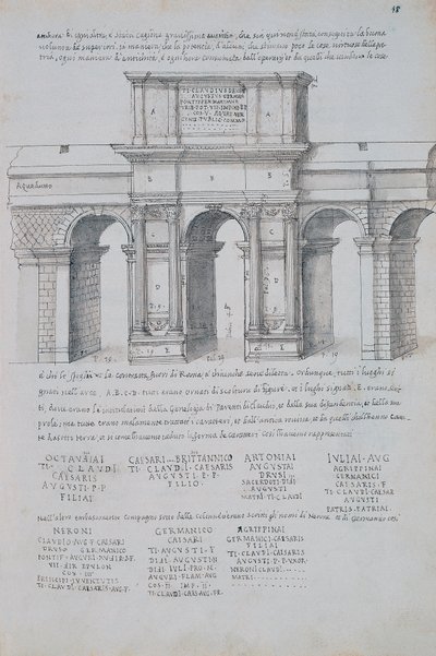ピッロ・リゴリオ（1513-1583）の「ローマ古代史」より、ローマのクラウディウスのアーチの図。 作： Pirro Ligorio