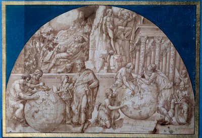 天文学のアレゴリー。科学者が地球儀で計測している。茶色のインクで描かれたピロ・リゴリオ（1500年頃～1583年）のドローイング 16世紀 パリ、ルーヴル美術館 作： Pirro Ligorio