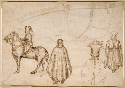 皇帝ヨハネ8世パレオロゴスと修道士、そして鞘のスケッチ 作： Pisanello