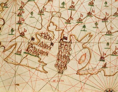 Placido Caloiro と Francesco Oliva による 6 つのチャートからなる Portolan Atlas からのマルタ島、羊皮紙。 1646年。 作： Placido Caloiro e Oliva