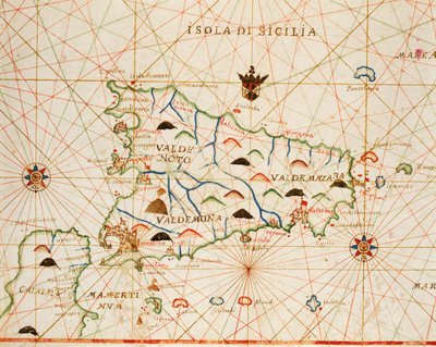 Placido Caloiro と Francesco Oliva による 6 つのチャートからなる Portolan Atlas のシチリア、羊皮紙。 1646年。 作： Placido Caloiro e Oliva