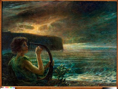 満月、女性神へのオマージュ、嵐の空の海景で竪琴を演奏（キャンバスに油彩） 作： Plinio Nomellini