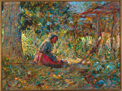 庭で、1891年頃 作： Plinio Nomellini