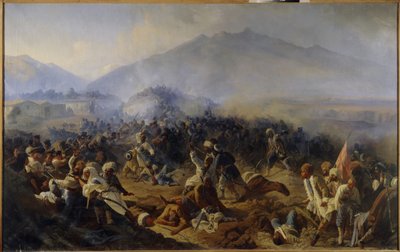 1848年のアフティの包囲戦。北コーカサス山脈での戦闘シーン。ロシア軍とイマーム・シャミル (シャミル) (1797-1871) の部隊との間。独立と宗教上の理由から戦士たちを率いた (ジハード）。 描きました 作： Polidor Ivanovich Babaev