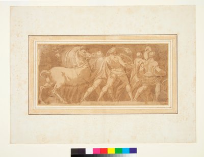 ローマの勝利の一部でフリーズ（ペンと茶色のインクと茶色のウォッシュ） 作： Polidoro da (after) Caravaggio