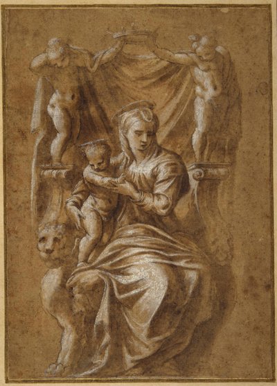 配置された聖母子像（紙にペン、茶インク、ボディカラー 作： Polidoro da (follower of) Caravaggio